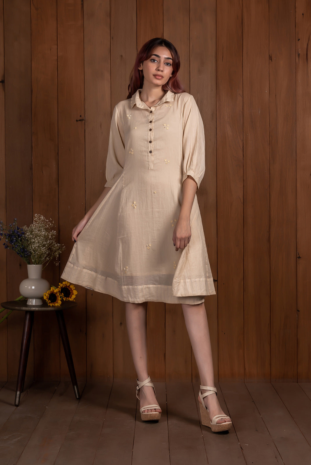 Beige Crinkled dress with yellow polka Silai Studio