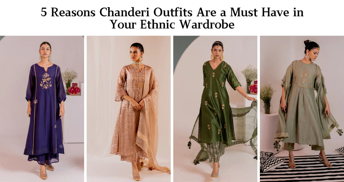 Chanderi outfits in navy, blush pink, green, and sage green, showcasing elegance and versatility for your ethnic wardrobe.