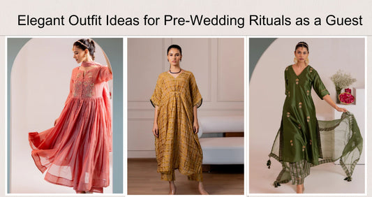 Elegant pre-wedding guest outfits: peach anarkali, mustard kaftan, and green kurta set.