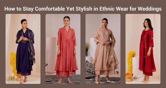 Elegant ethnic outfits in navy, peach, beige, and red, styled for comfort and grace at weddings.