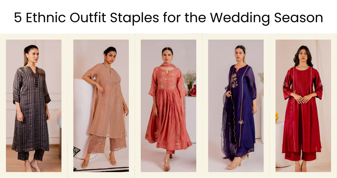 Five stunning ethnic outfits in black, beige, peach, navy blue, and red, perfect staples for the wedding season.