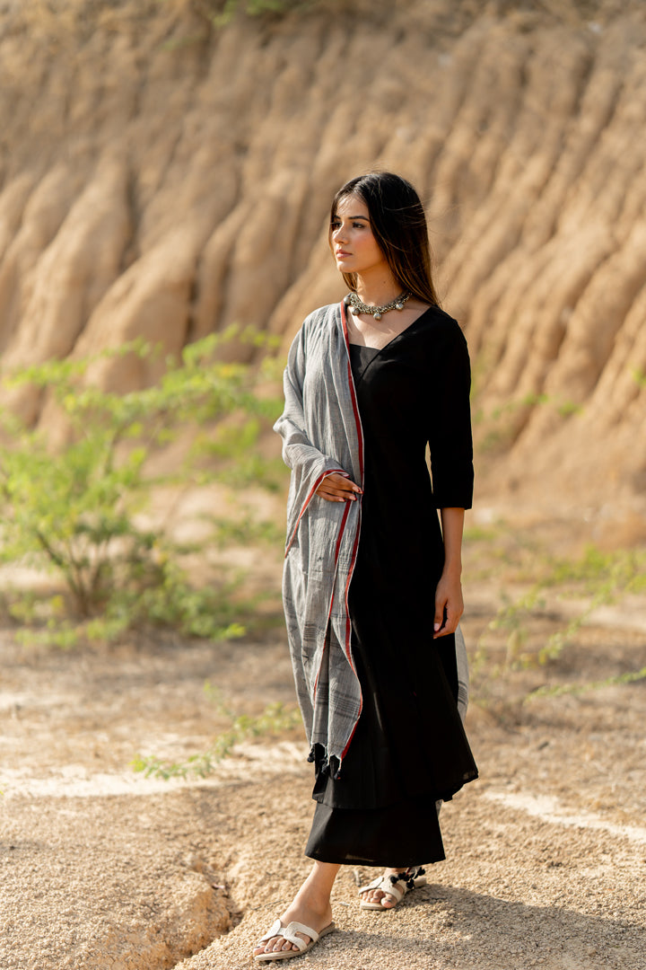 Coal Black Kurta Set with Dupatta