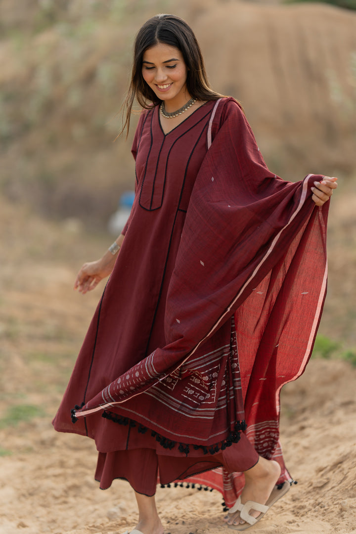 Mahogany Maroon Kurta Set with Dupatta