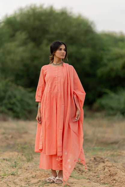 Peach Rose Mulmul Kurta Set