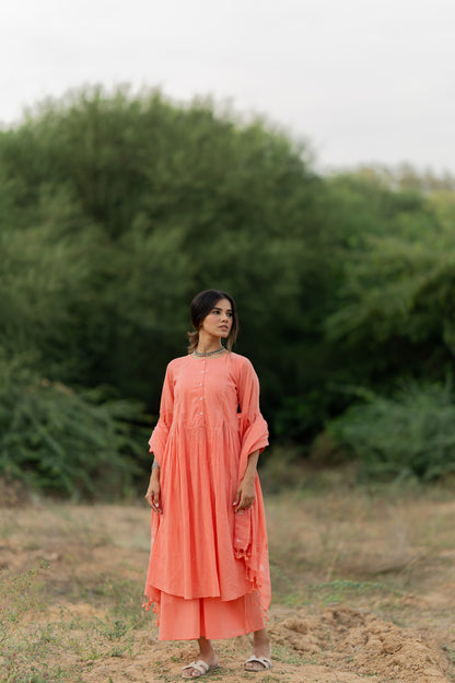 Peach Rose Mulmul Kurta Set