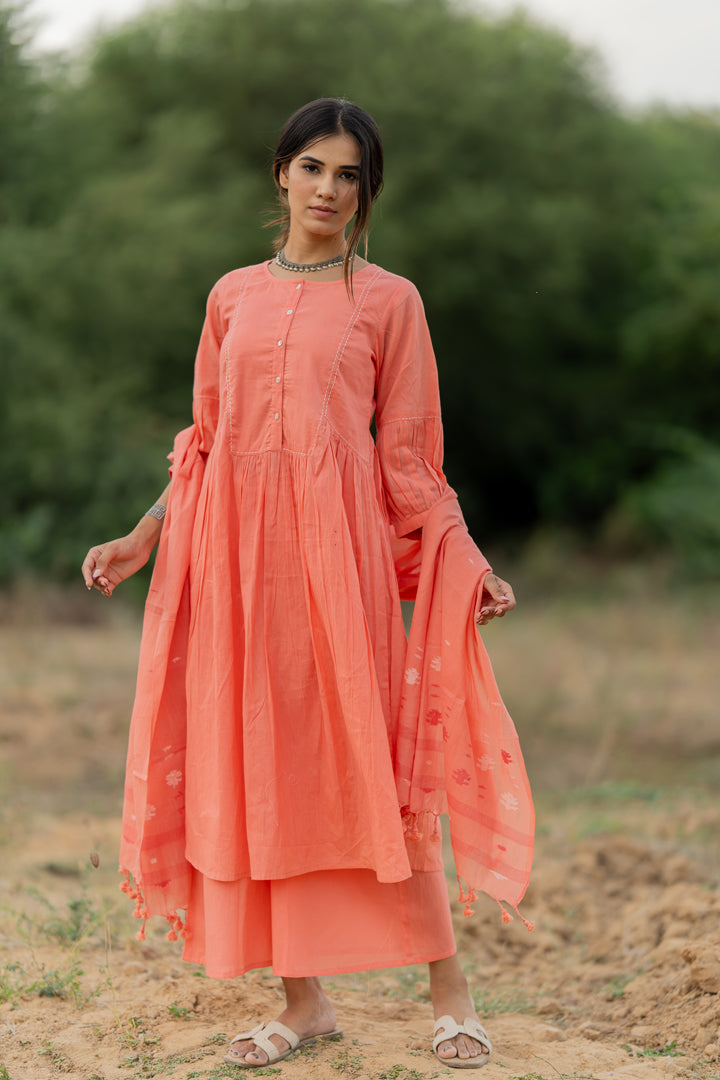 Peach Rose Mulmul Kurta Set