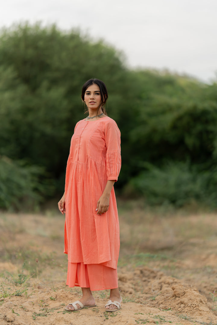 Peach Rose Mulmul Kurta Set