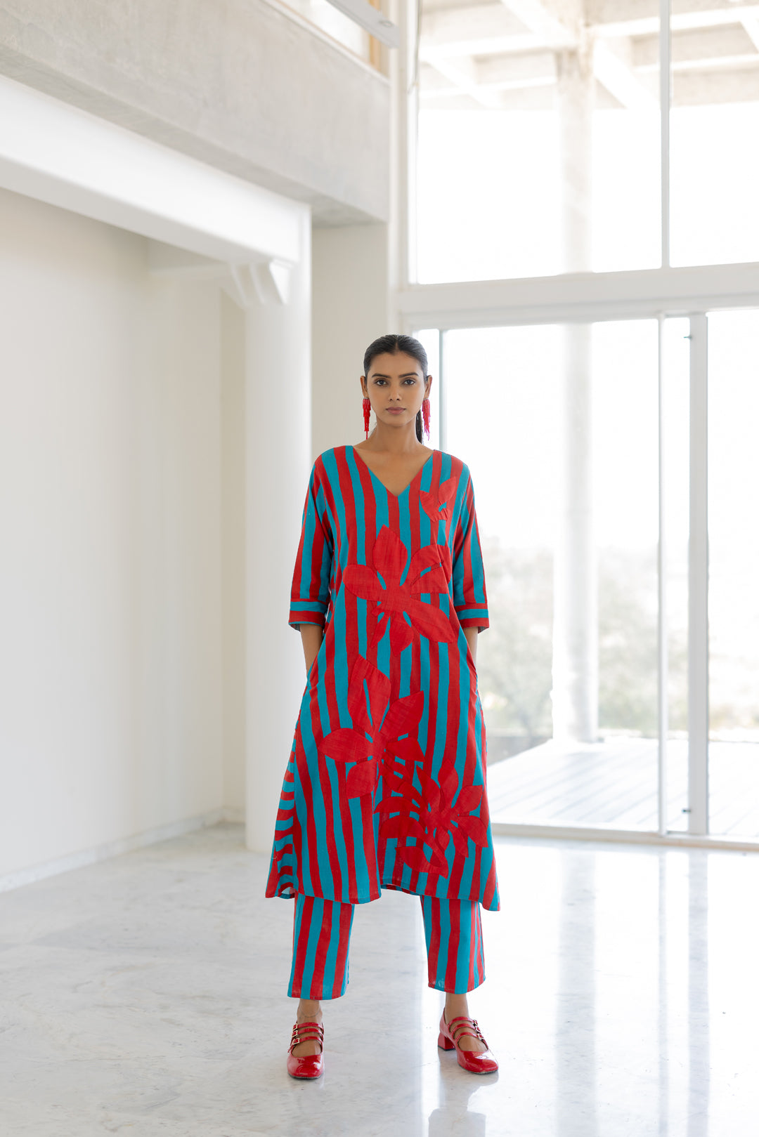 Sky Fire Striped Applique Kurta Set