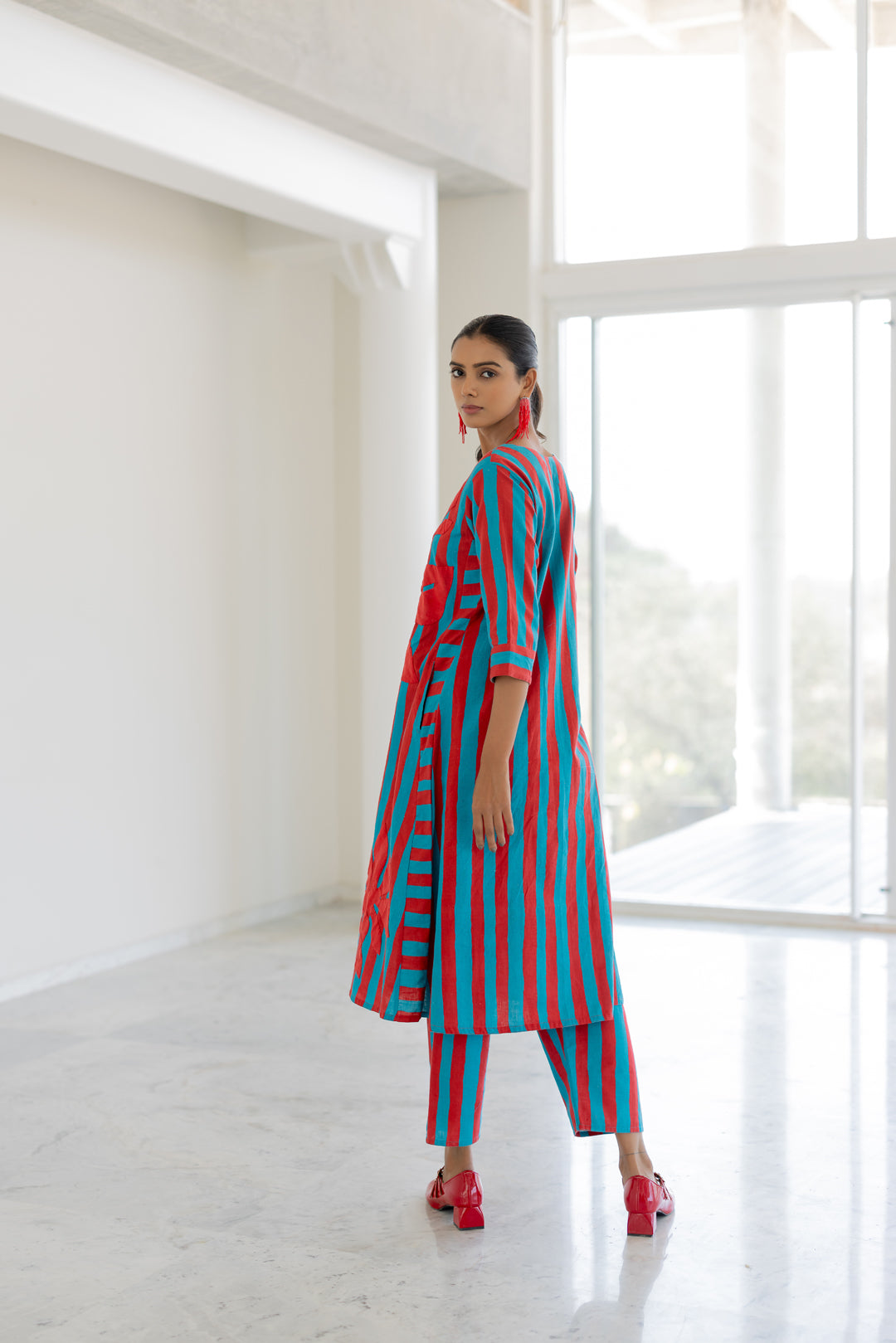 Sky Fire Striped Applique Kurta Set