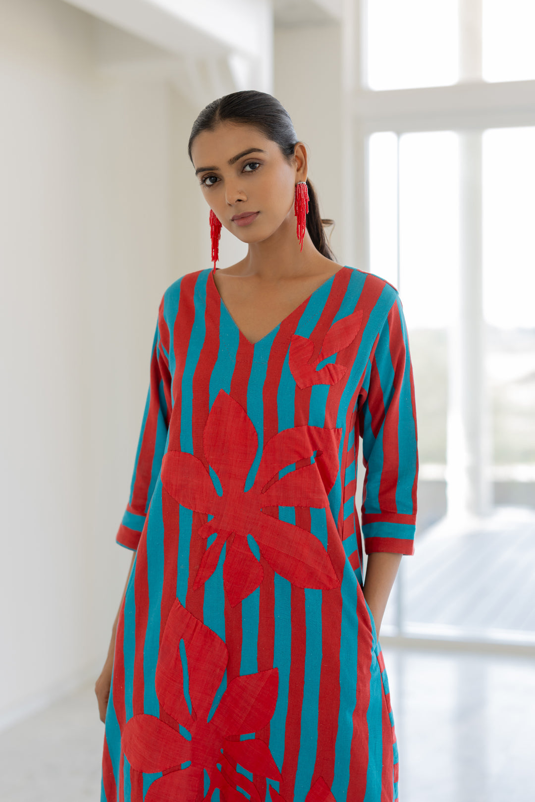 Sky Fire Striped Applique Kurta Set