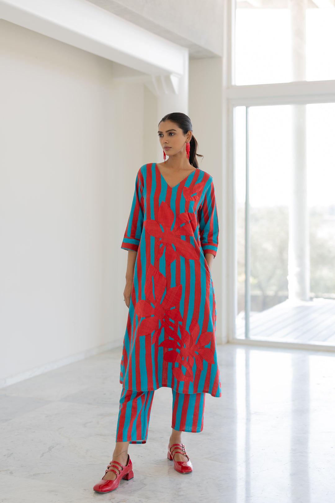 Sky Fire Striped Applique Kurta Set