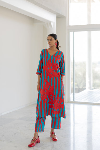 Sky Fire Striped Applique Kurta Set