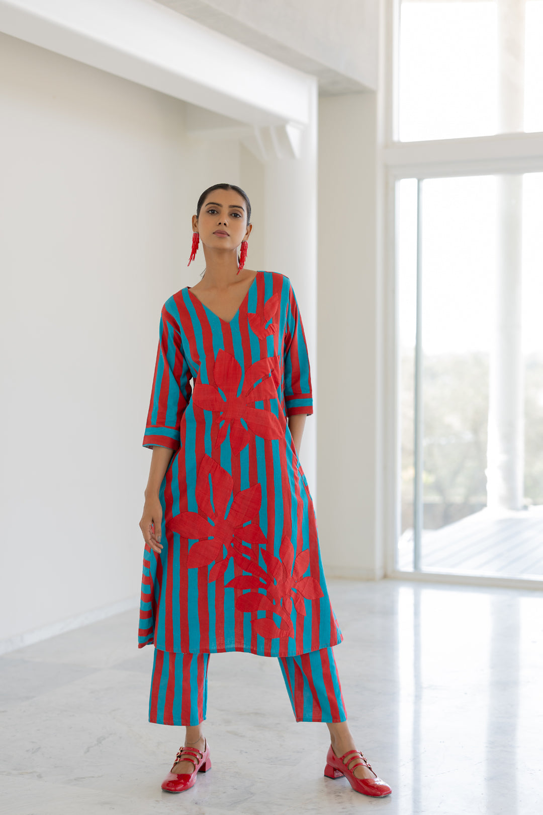 Sky Fire Striped Applique Kurta Set