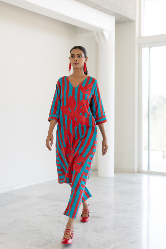 Sky Fire Striped Applique Kurta