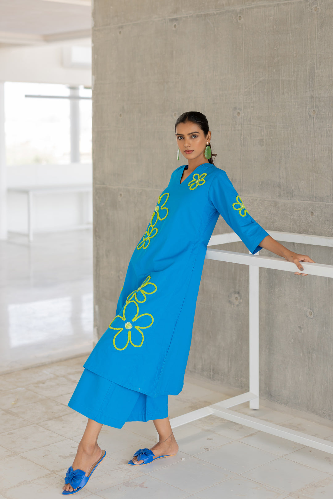 Seafoam Floral Embroidery Kurta