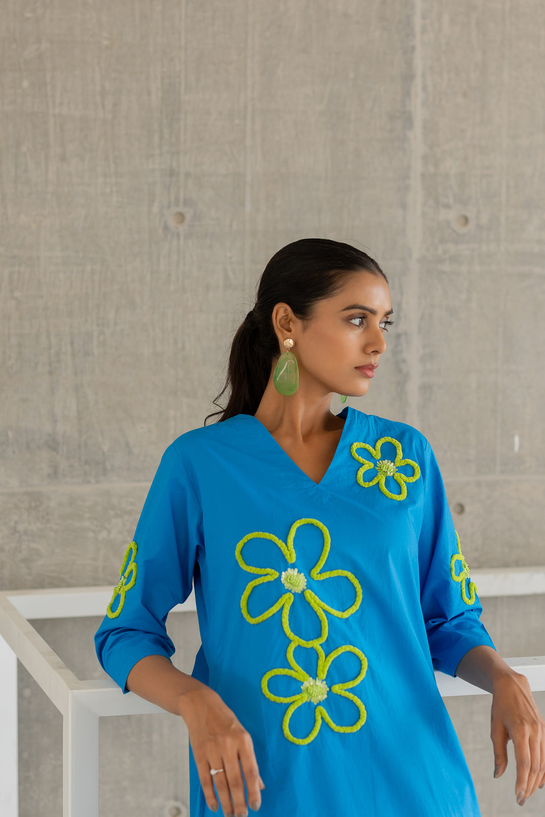 Seafoam Floral Embroidery Kurta