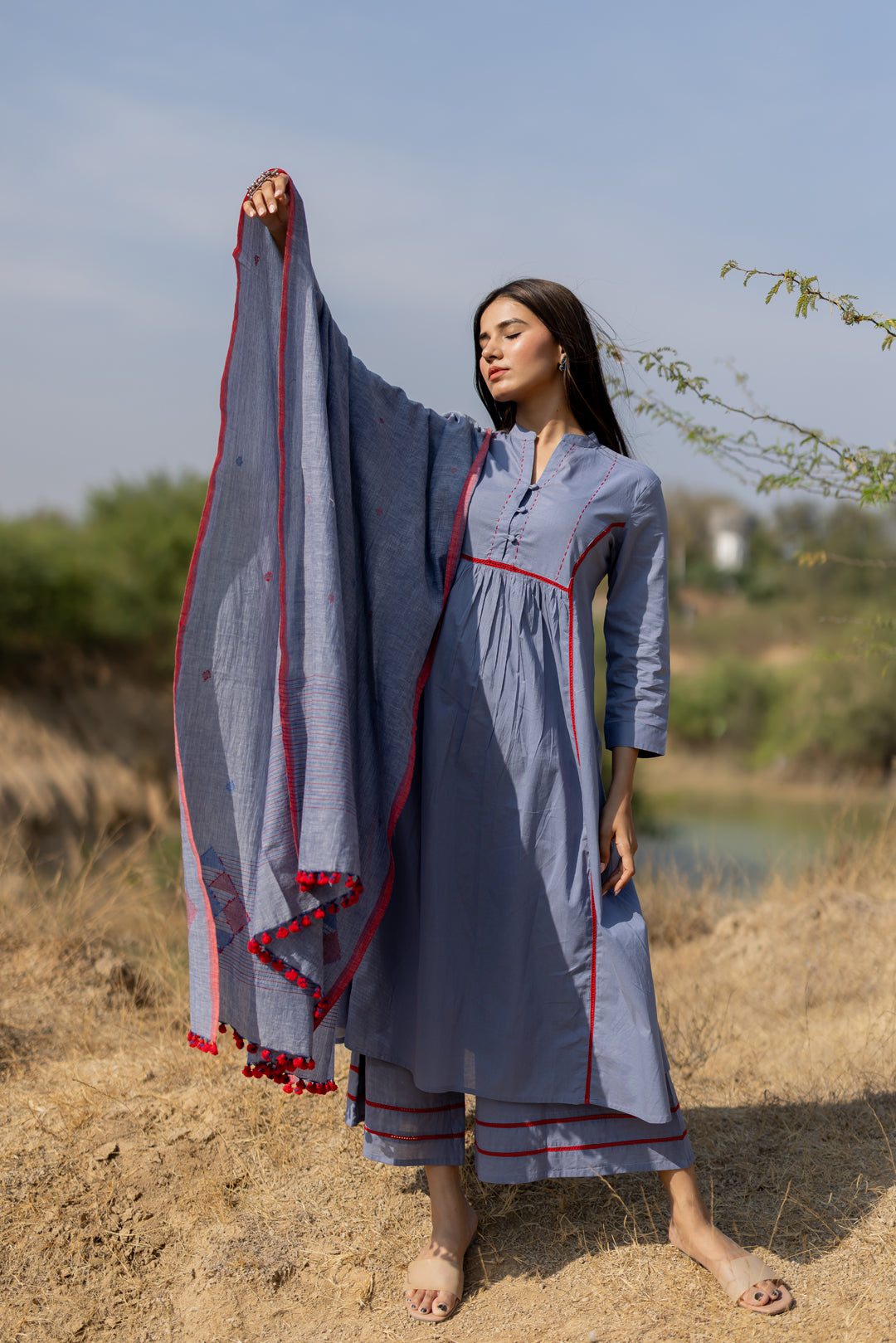 Steel Blue Cotton Kurta Set with Jaamdani Dupatta