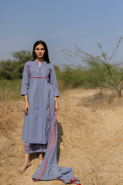 Steel Blue Cotton Kurta Set with Jaamdani Dupatta