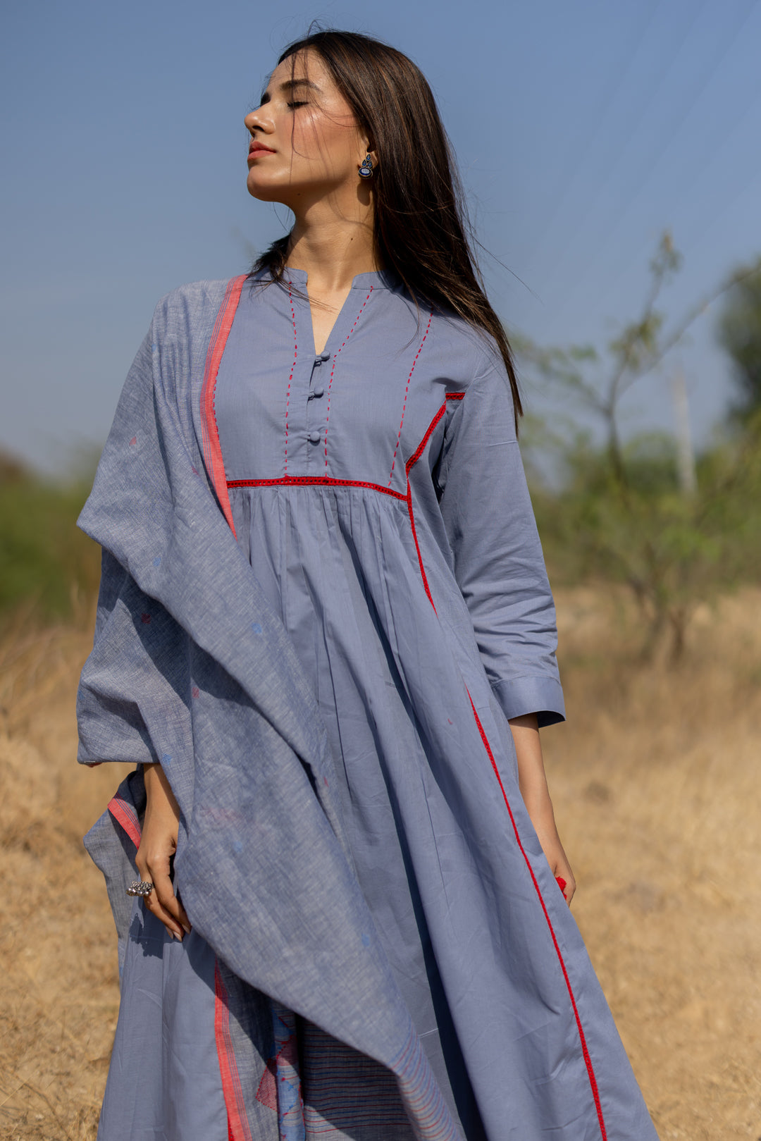 Steel Blue Cotton Kurta Set with Jaamdani Dupatta