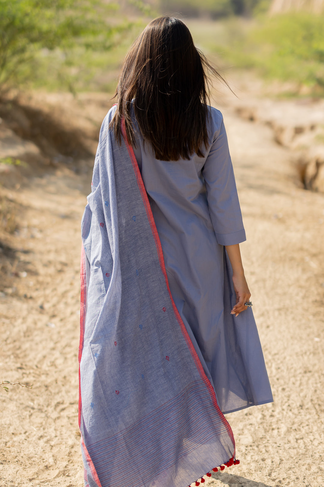 Steel Blue Cotton Kurta Set with Jaamdani Dupatta