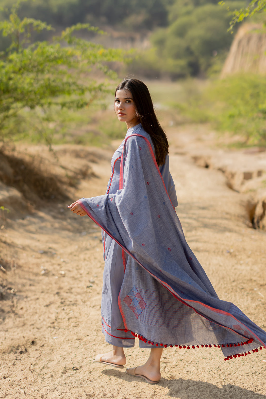 Steel Blue Cotton Kurta Set with Jaamdani Dupatta