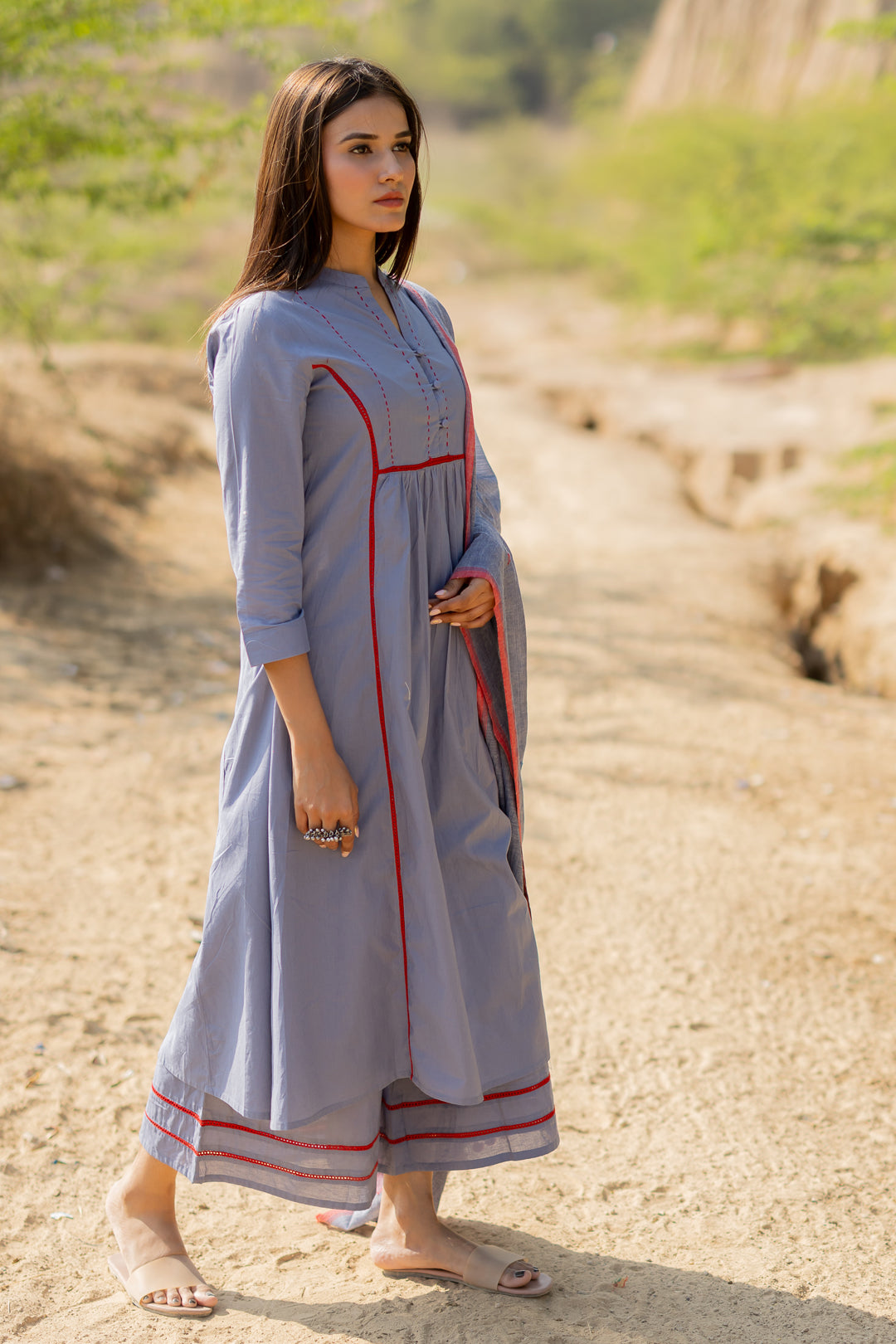 Steel Blue Cotton Kurta Set with Jaamdani Dupatta