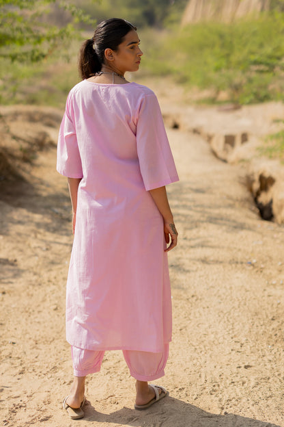 Taffy Pink Kurta Set with Block Printed Dupatta