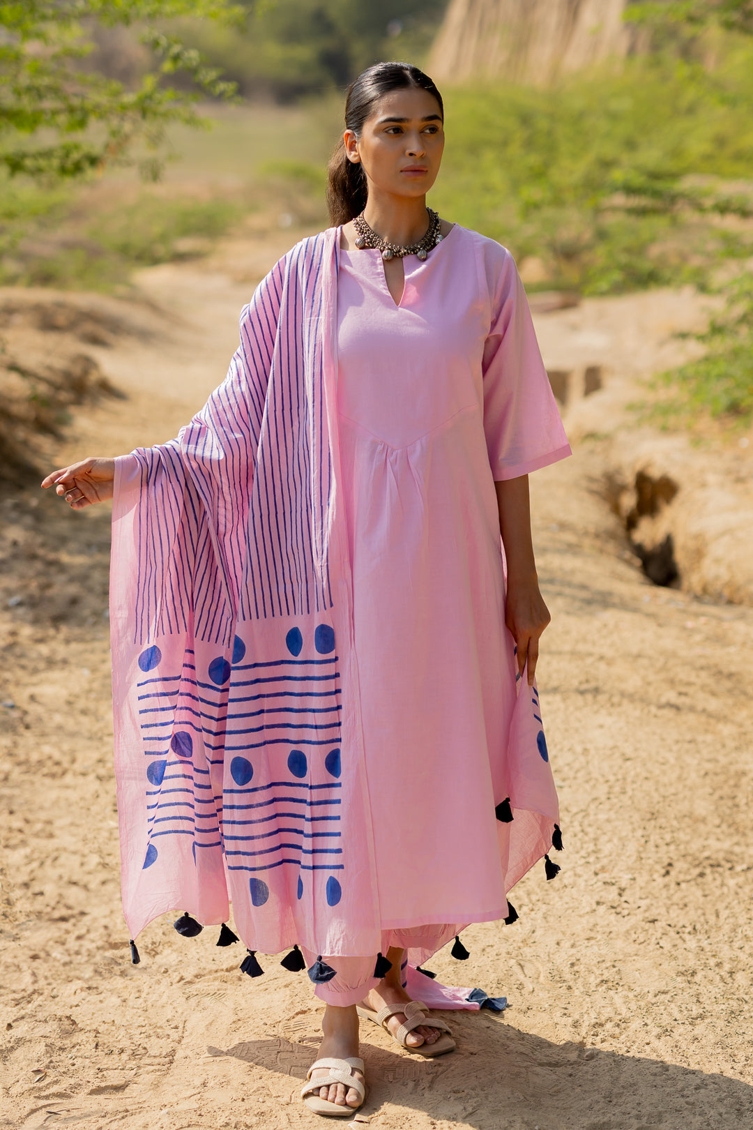 Taffy Pink Kurta Set with Block Printed Dupatta