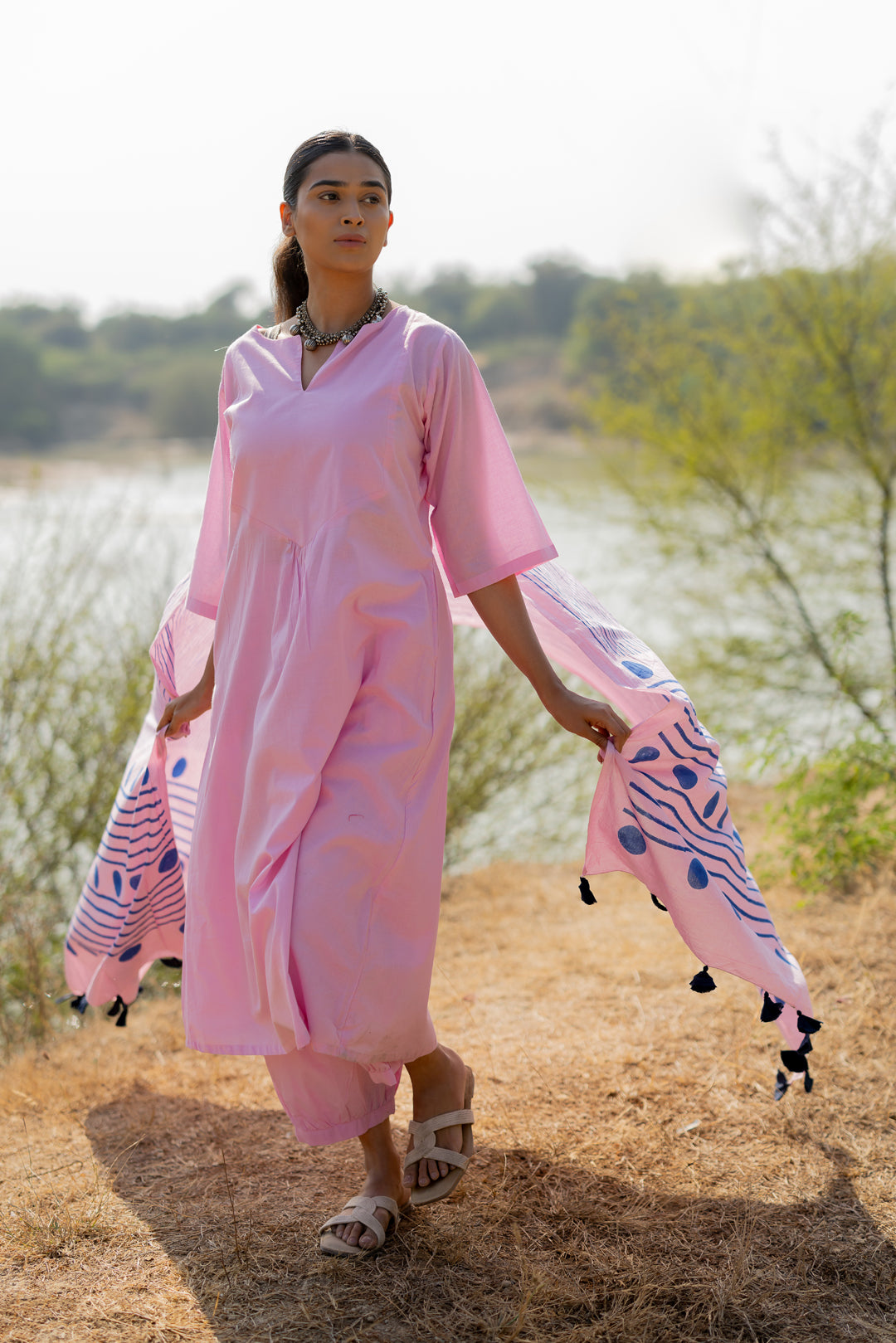 Taffy Pink Kurta Set with Block Printed Dupatta