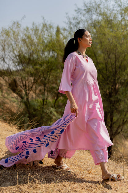 Taffy Pink Kurta Set with Block Printed Dupatta