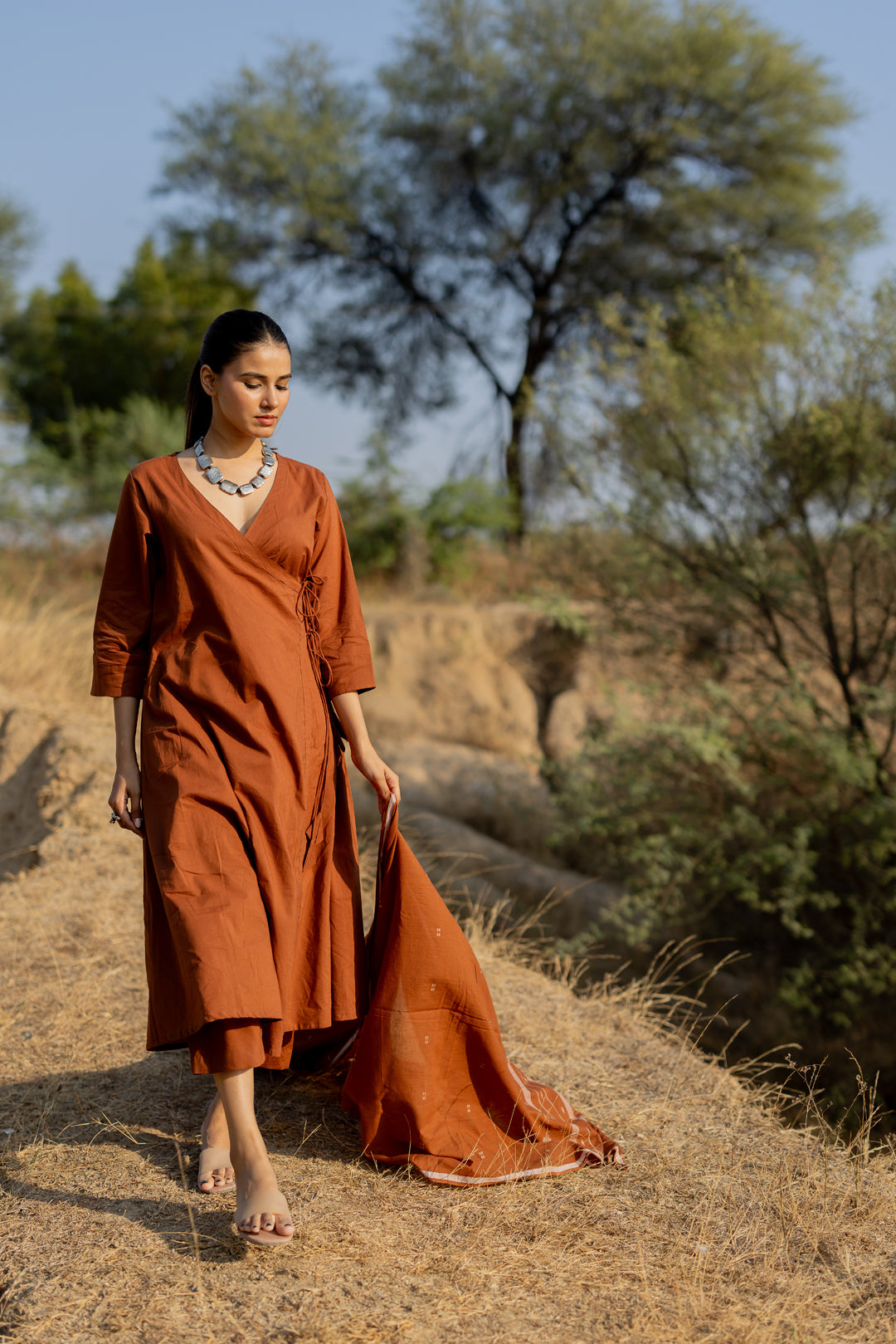 Mocha Brown Wrap Kurta Set with Jaamdani Dupatta