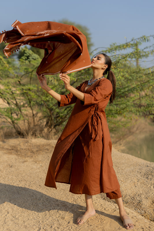 Mocha Brown Wrap Kurta Set with Jaamdani Dupatta