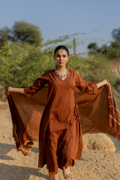 Mocha Brown Wrap Kurta Set with Jaamdani Dupatta