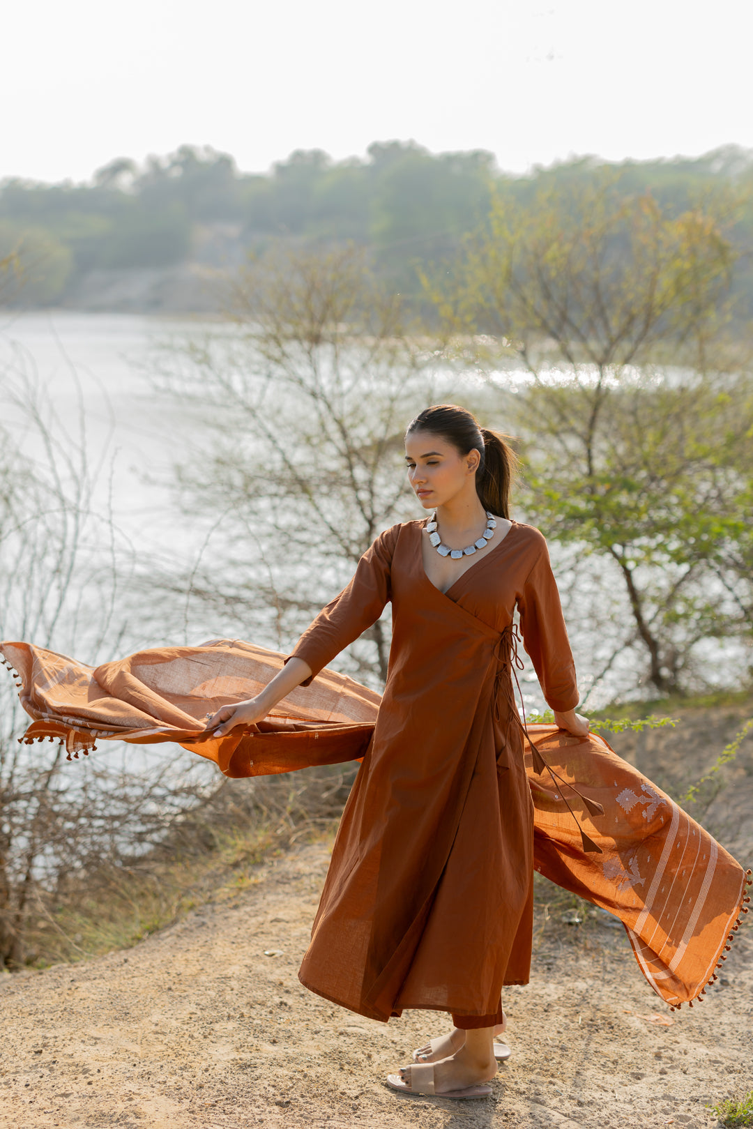 Mocha Brown Wrap Kurta Set with Jaamdani Dupatta