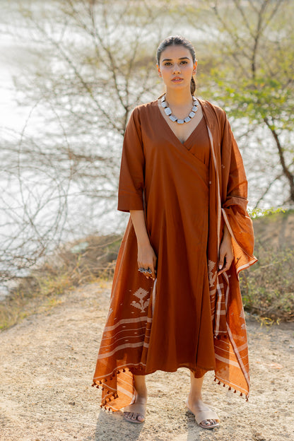 Mocha Brown Wrap Kurta Set with Jaamdani Dupatta