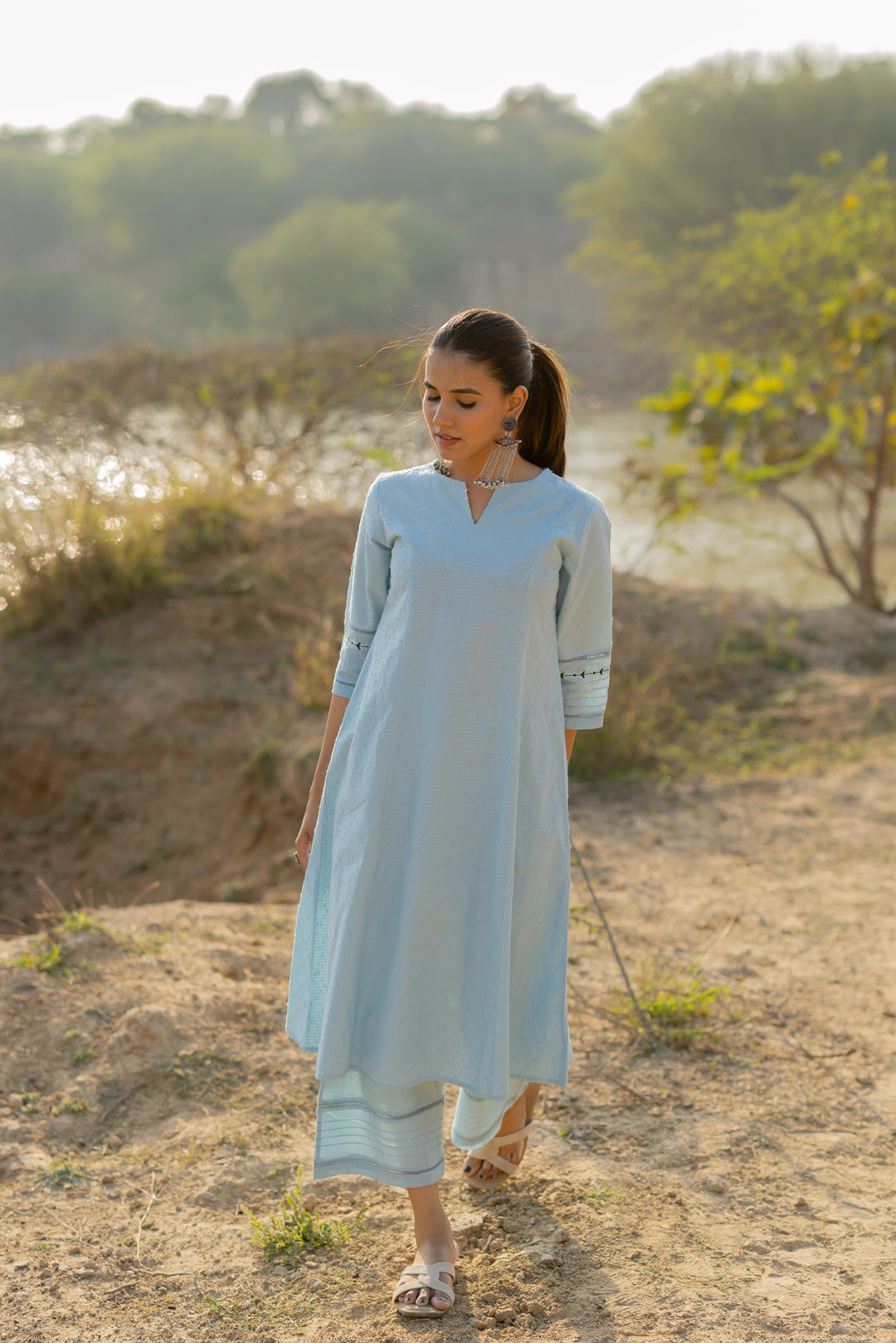 Soft Blue Handloom Cotton Kurta Set