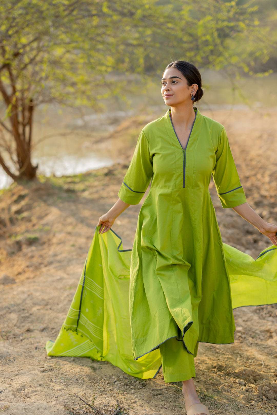 Green Pear Kalidaar Set with Jaamdani Dupatta