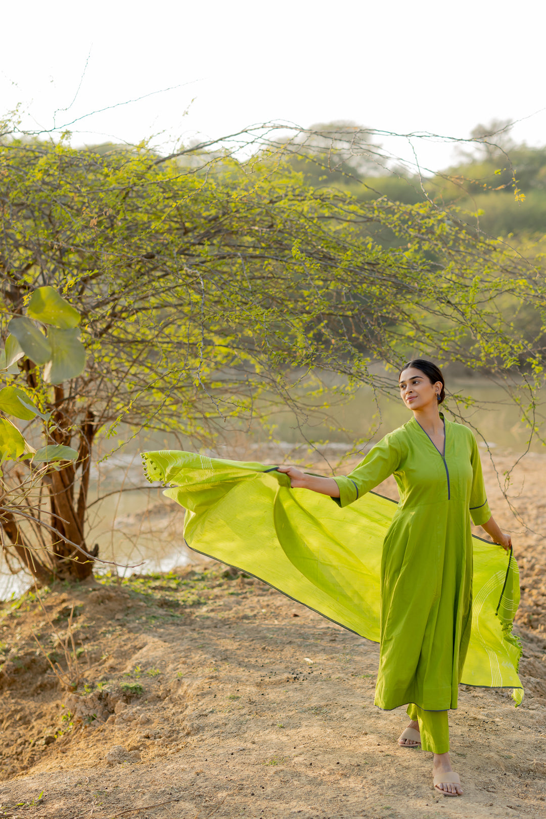 Green Pear Kalidaar Set with Jaamdani Dupatta