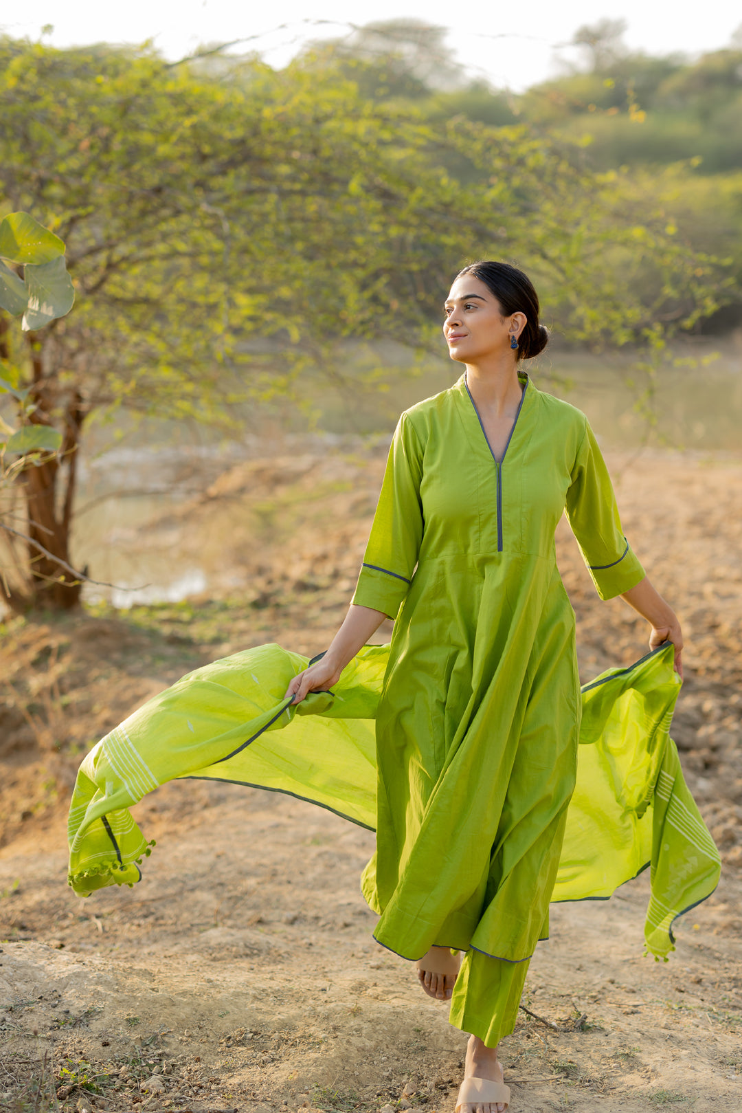 Green Pear Kalidaar Set with Jaamdani Dupatta