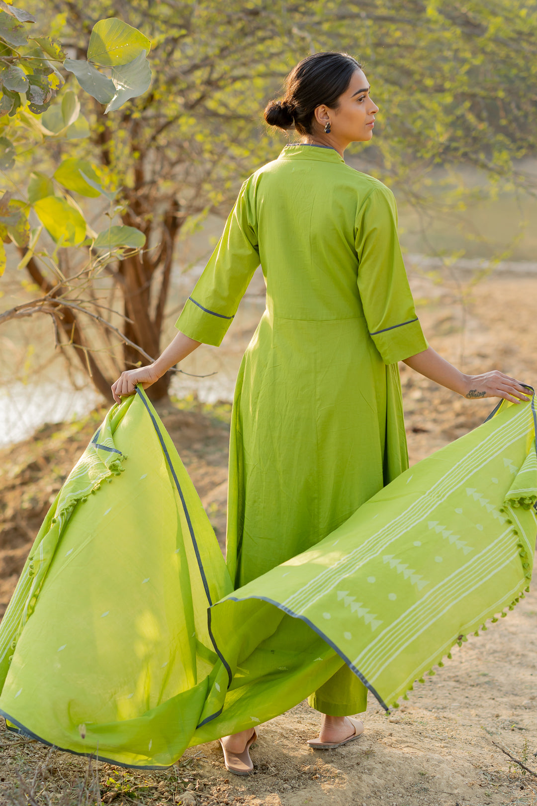 Green Pear Kalidaar Set with Jaamdani Dupatta