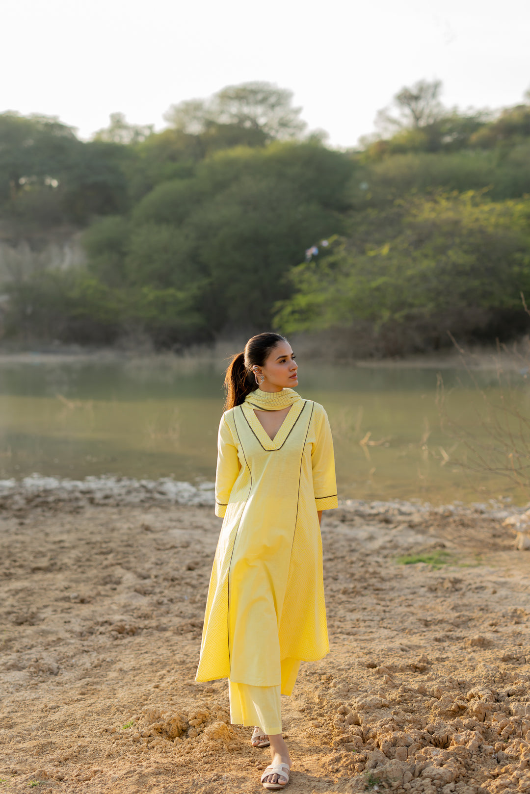 Light Lemon and Grey Kurta set with Jaamdani Dupatta