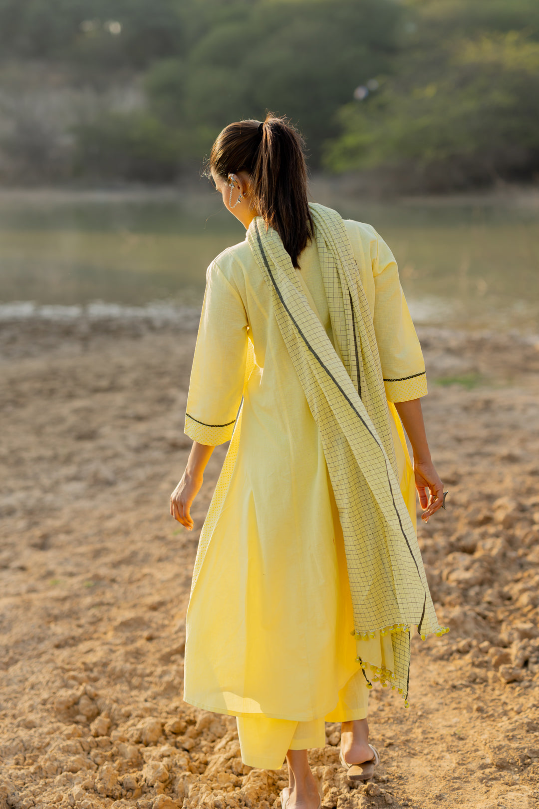 Light Lemon and Grey Kurta set with Jaamdani Dupatta