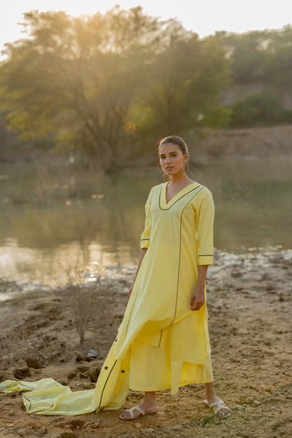 Light Lemon and Grey Kurta set with Jaamdani Dupatta