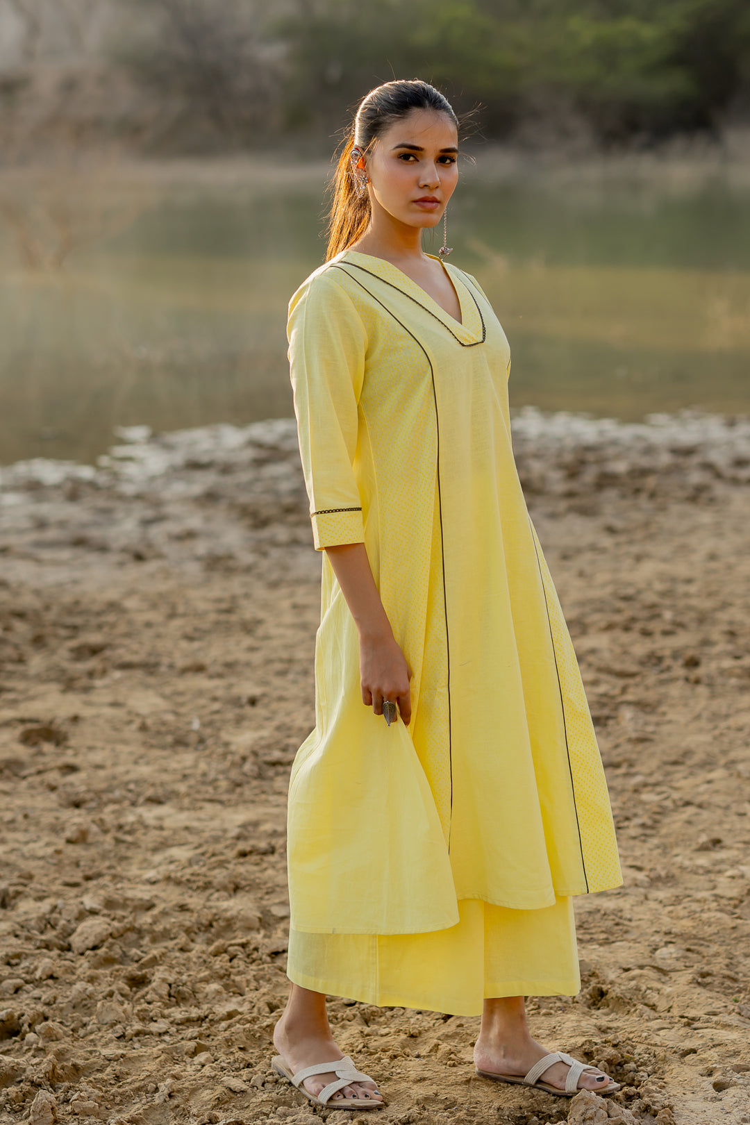 Light Lemon and Grey Kurta set with Jaamdani Dupatta