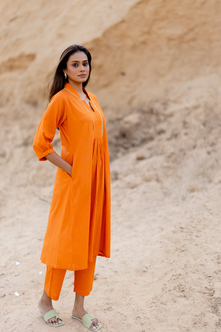 Tangerine Kurta Set with Handloom Dupatta