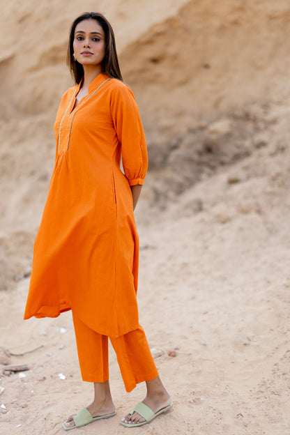 Tangerine Kurta Set with Handloom Dupatta