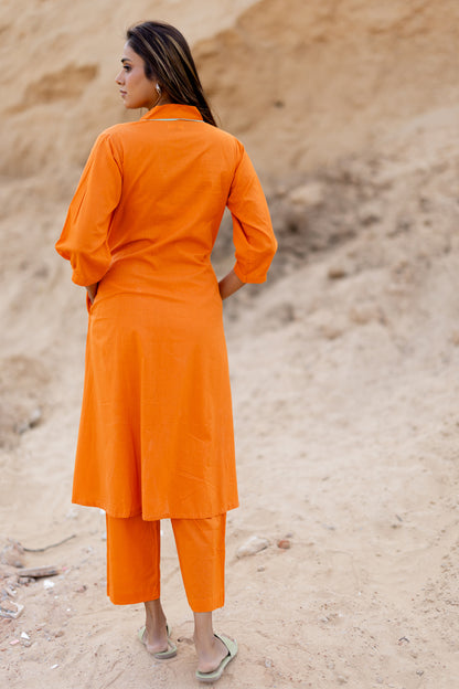 Tangerine Kurta Set with Handloom Dupatta