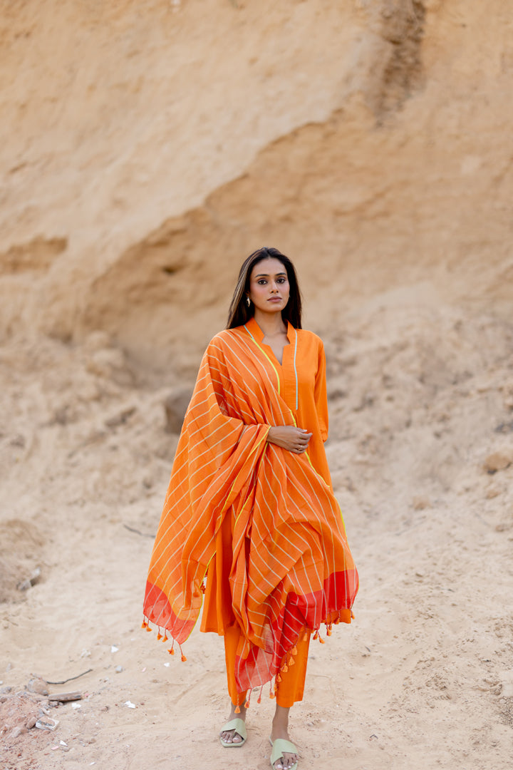 Tangerine Kurta Set with Handloom Dupatta