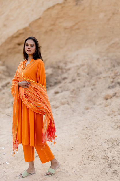 Tangerine Kurta Set with Handloom Dupatta