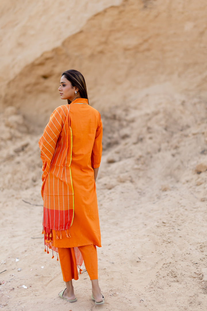 Tangerine Kurta Set with Handloom Dupatta